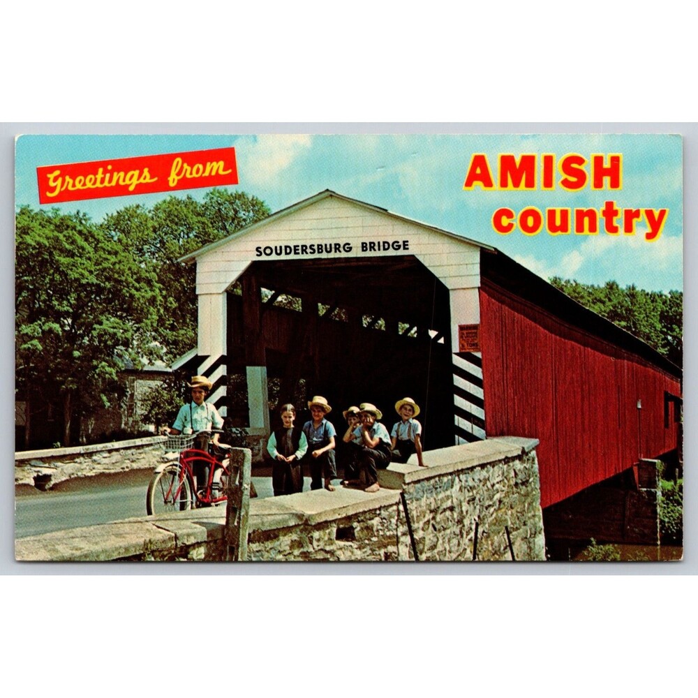 Vintage Postcard Soudersburg Covered Bridge Amish Children Lancaster PA Jim He